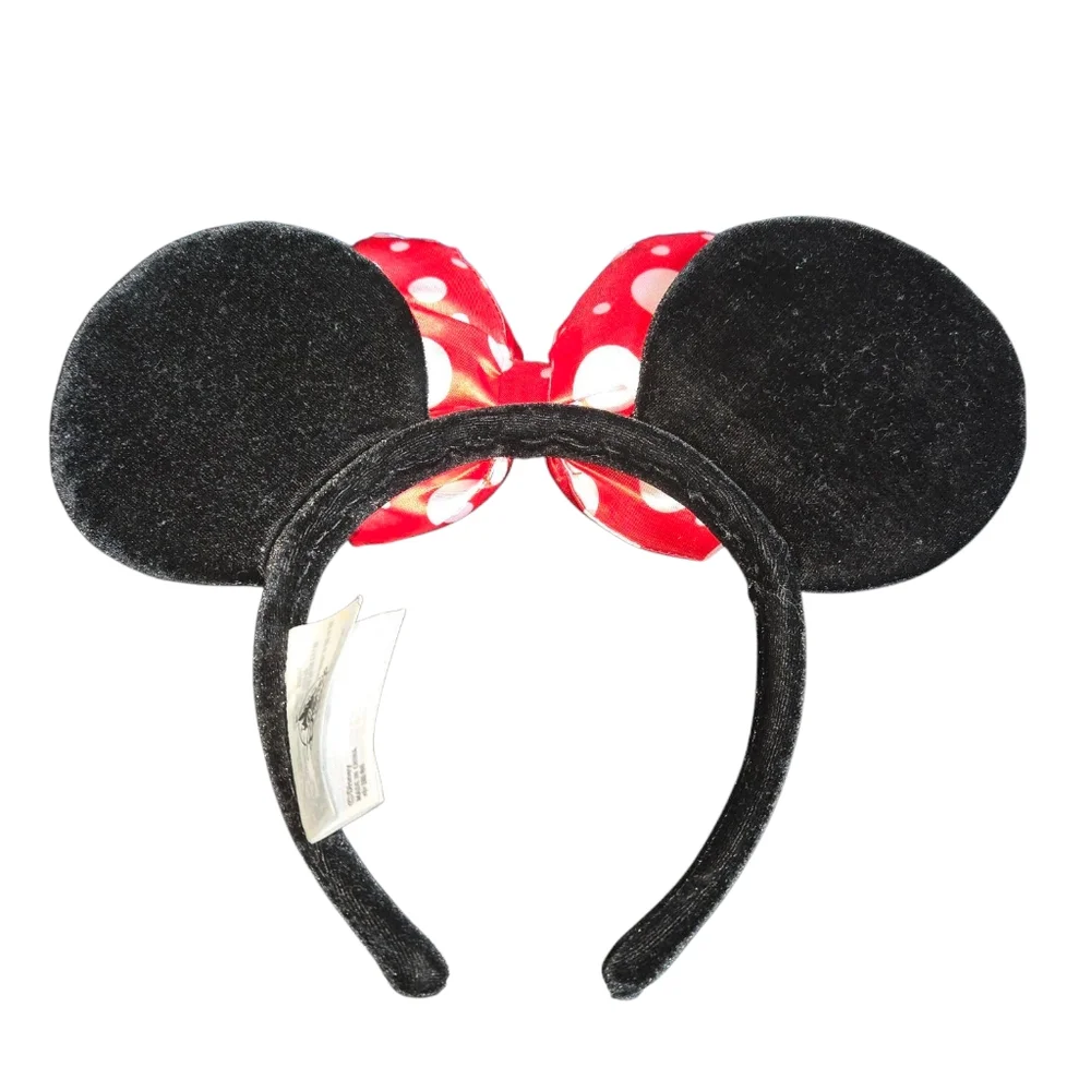 Disney Parks Puffed Red Polka Dot Bow On Black Velvet Minnie Mouse Ears Headband